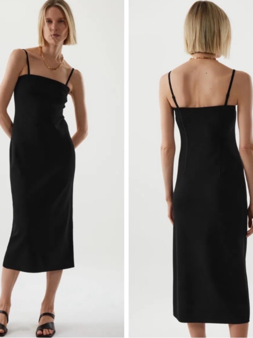 Black Slim Slip Midi Dress with Spaghetti Straps